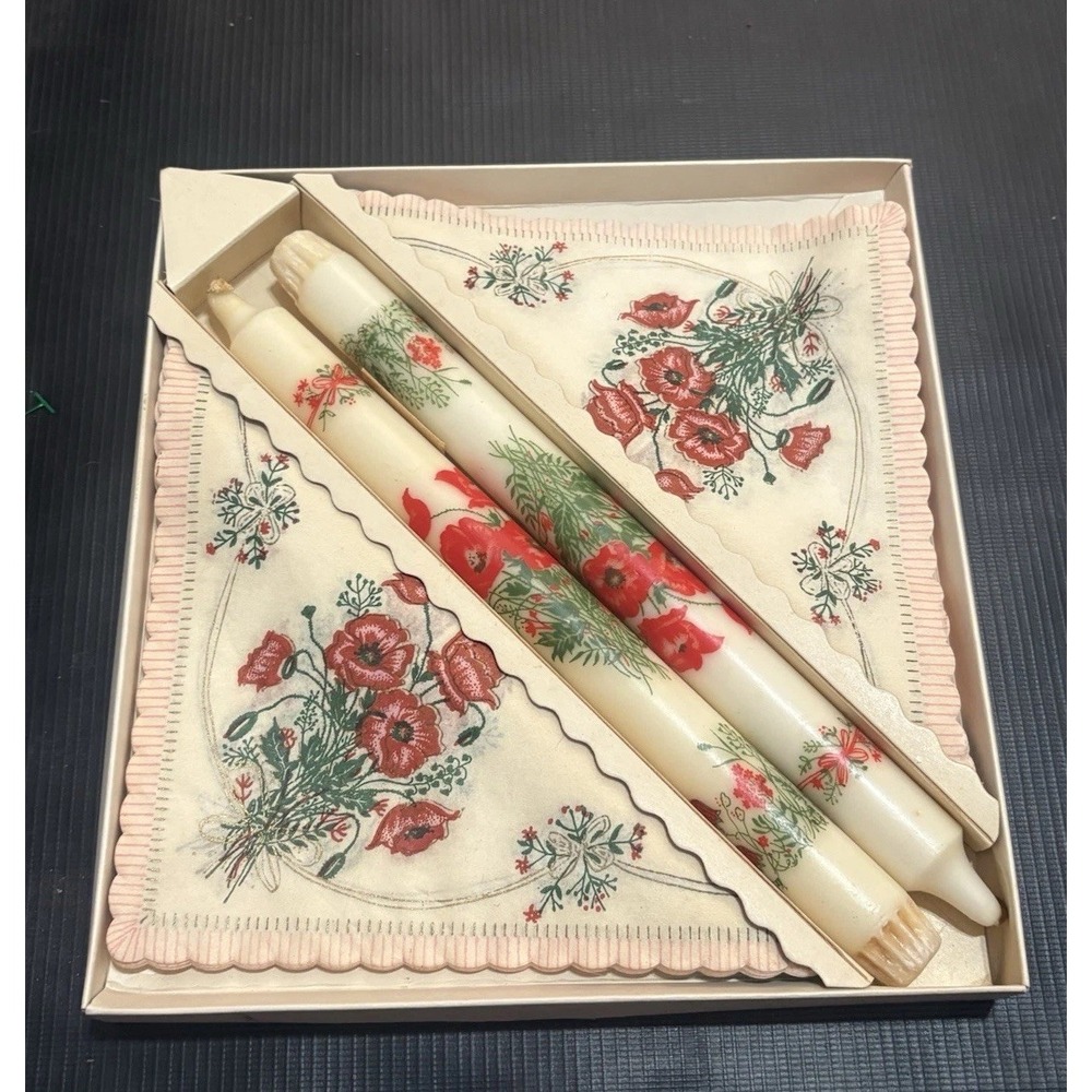 VTG 70s MCM Danish Fabriken Ilka Poppy Candle & Napkin Gift Box Table Set Boho
